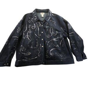 Victor Costa Occasion Women's Denim Jacket Embellished Snap Front Black